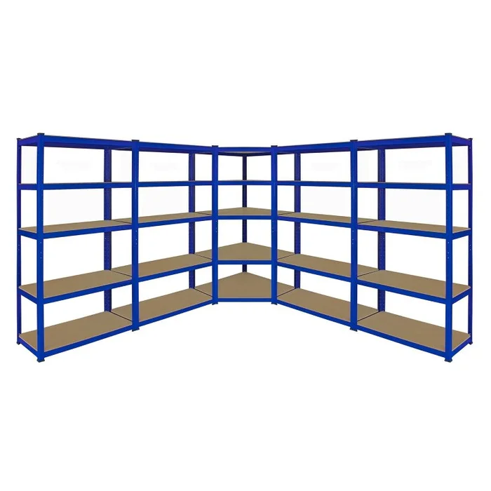 1 x Corner Garage Racking Unit & 4 x Single Racking Storage Units / 5 T-Rax Blue Steel & MDF Shelves / 6925kg capacity / 265kg per shelf / Free Rubber Mallet
