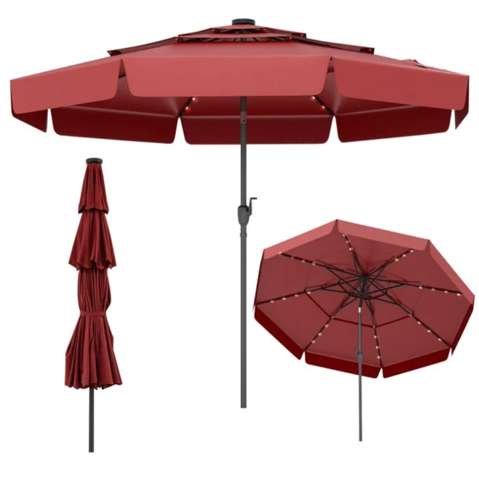 10 foot red terrace umbrella with solar powered LED lights and multi-layered ventilated roof ﻿ 92595764