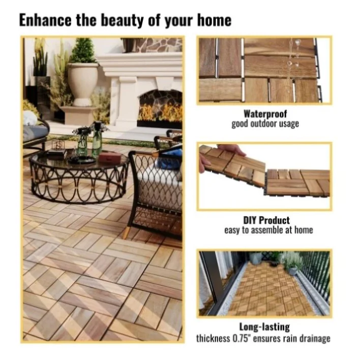 10 PCS Interlocking Deck Tiles Checker Pattern, 12″ x 12″ Square Yellow Acacia Hardwood Outdoor 17936528