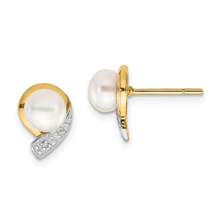 14K 5-6mm White Button FW Cultured Pearl .01ct Diamond Post Earrings