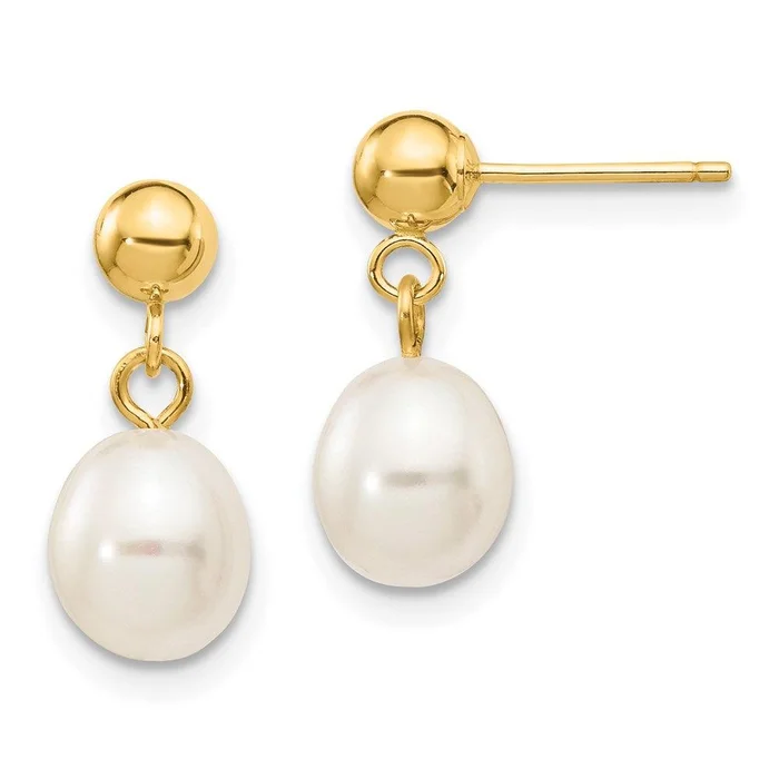 14k 6-7mm White Rice Freshwater Cultured Pearl Dangle Post Earrings