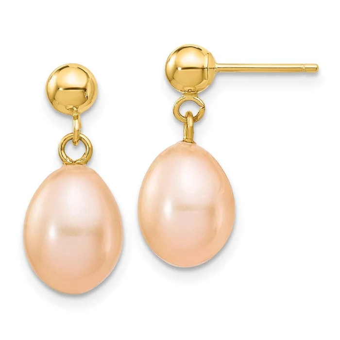 14k 7-8mm Pink Rice Freshwater Cultured Pearl Dangle Post Earrings