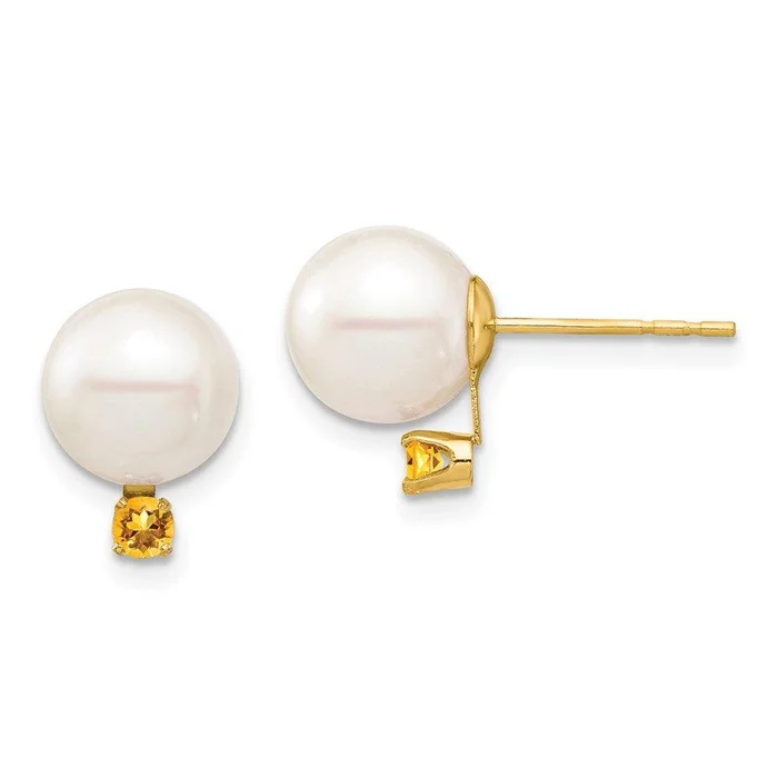 14K 8-8.5mm White Round Freshwater Cultured Pearl Citrine Post Earrings