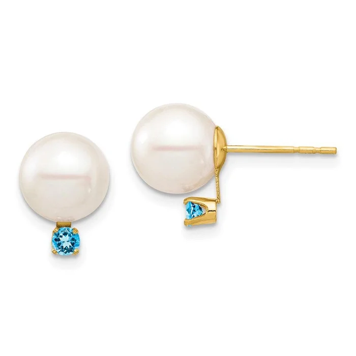 14K 8-8.5mm White Round FW Cultured Pearl Swiss Blue Topaz Post Earrings