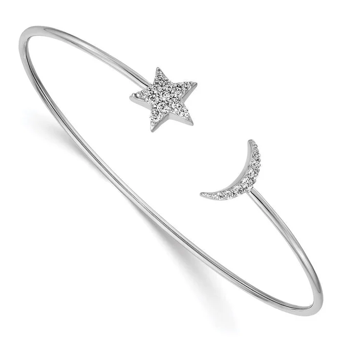 14k White Gold Diamond Moon & Star Flexible Bangle