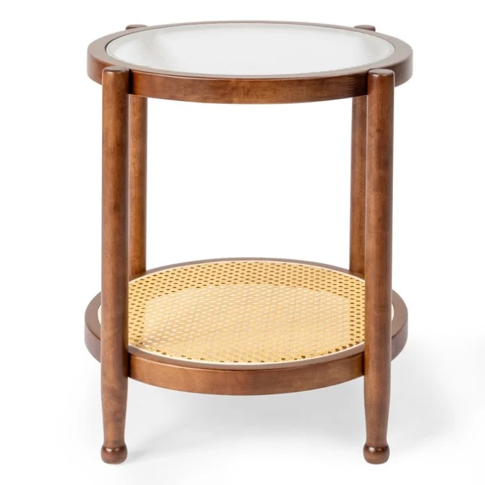 19.7in Rattan Coffee with Glass Top, Small Round End, Boho Style Side Sofa End 82239146