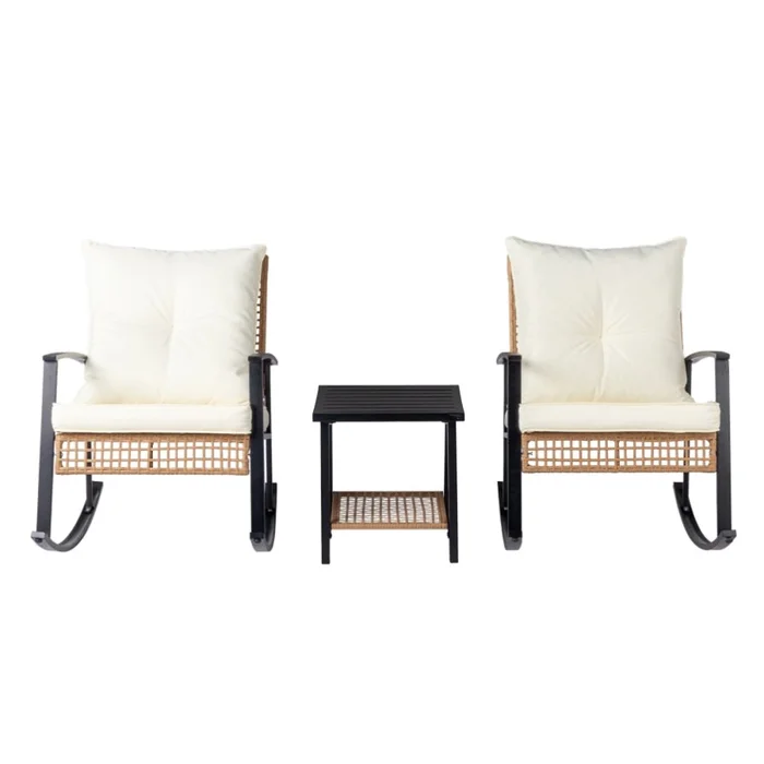 1pcs side table + 2pcs rocking chairs, backrest sparsely woven, light yellow rattan, white cushion, 45516320