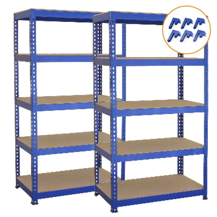 2 x Blue Racking Bay Unit 5 Tier Heavy Duty Steel Metal 150kg capacity Per Shelf Garage Shelves Storage Warehouse Shed Workshop Boltless Shelving 75cm x 150cm x 30cm Free Bay Connectors