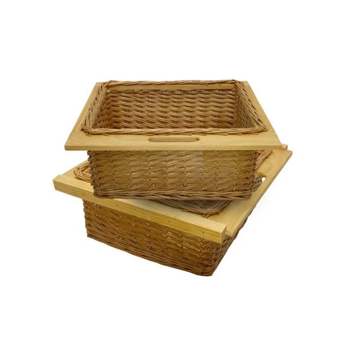 2 x Pull out Wicker Basket Drawer 600mm Kitchen Storage Solution Larder Base Unit Cupboard with Handle Rustic Beech Wood Farmhouse Style 100% Handmade Rattan FREE Fixing Kit Included – Brown