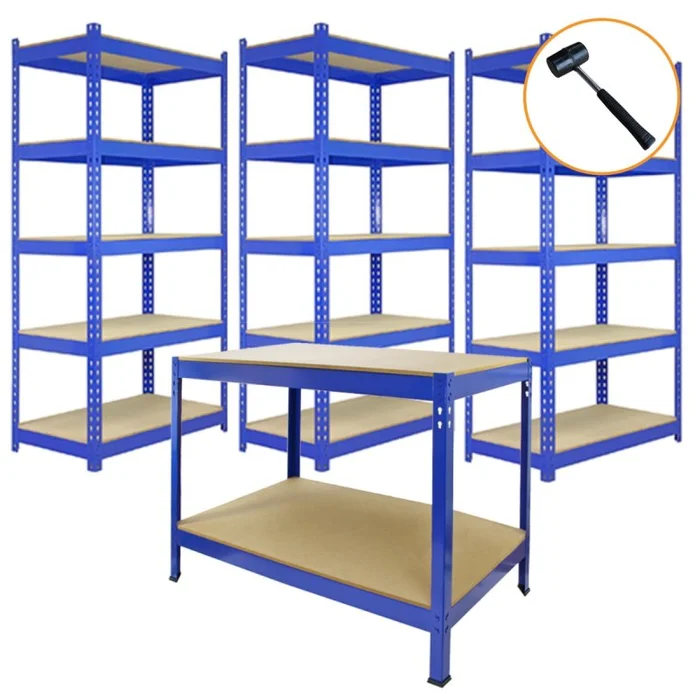 3 x 90cm & 2 x 120cm Blue Racking Bay Unit 5 Tier Heavy Duty Steel Metal 200kg capacity Per Shelf Garage Shelves Storage Warehouse Shed Workshop Boltless Shelving 50cm Depth 180cm Height Rubber Mallet