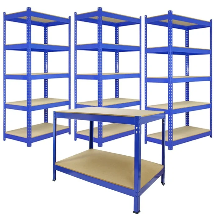 3 x Blue Racking Bay Unit 5 Tier & workbench Heavy Duty Steel Metal 200kg capacity Per Shelf Garage Shelves Storage Warehouse Shed Workshop Greenhouse Boltless Shelving 90 x 50 x 180cm Rubber Mallet