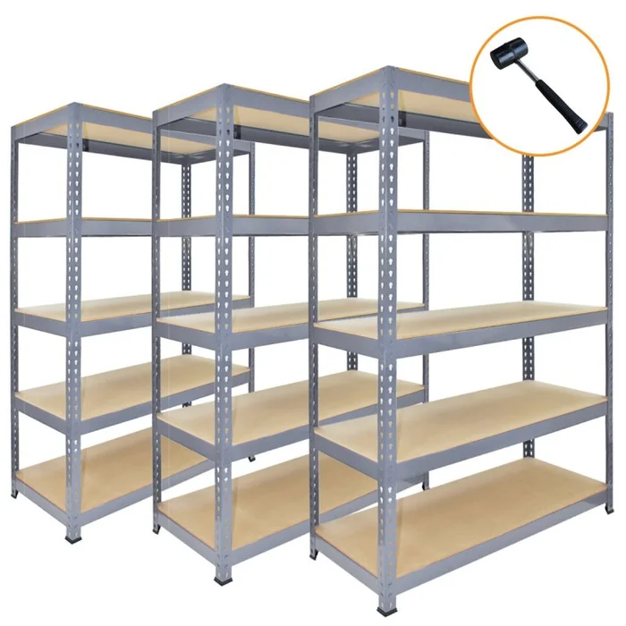 3 x Grey Racking Bay Unit 5 Tier Heavy Duty Steel Metal 200kg capacity Per Shelf Garage Shelves Storage Warehouse Shed Workshop Boltless Shelving 90 x 50 x 180cm Free Rubber Mallet