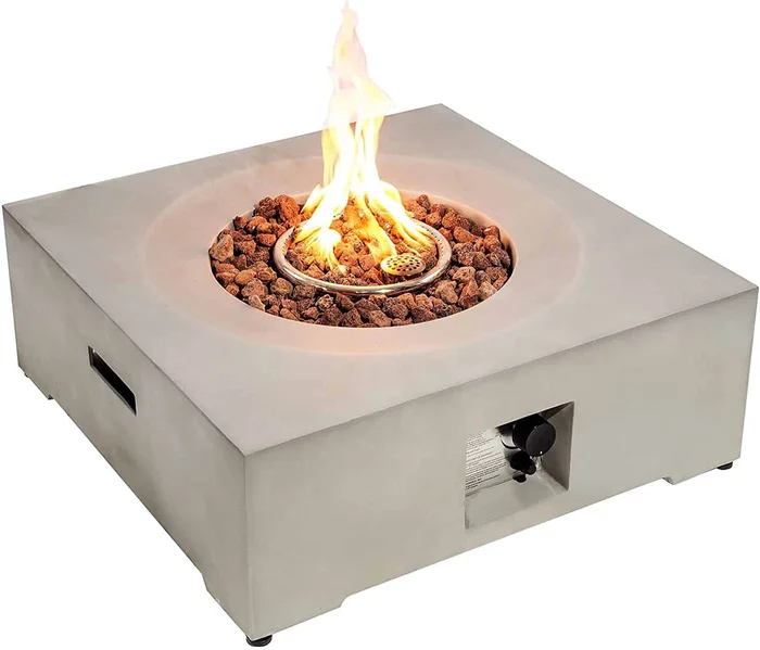 30-Inch Gas Fire Pit Table, Concrete Outdoor Propane Firepit Square Table with Lava Rock & Cover, 40,000 BTU, CSA Approved