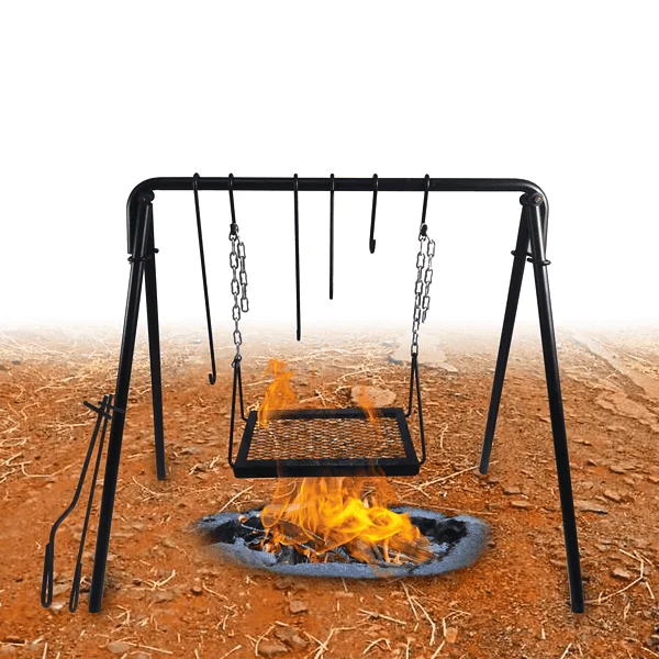 34“ Grill Swing Campfire Cooking Stand BBQ Grill for Cookware Adjustable Collapsible Legs with Hooks & Accessories, Swing Grill for Outdoor Picnic Camping Bonfire Party