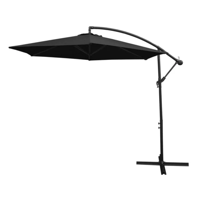 3m Cantilever Garden Parasol Banana Hanging Umbrella Winding Crank Shade Patio Outdoor Sun Shade Tilt UV Protection | Black Fan Base