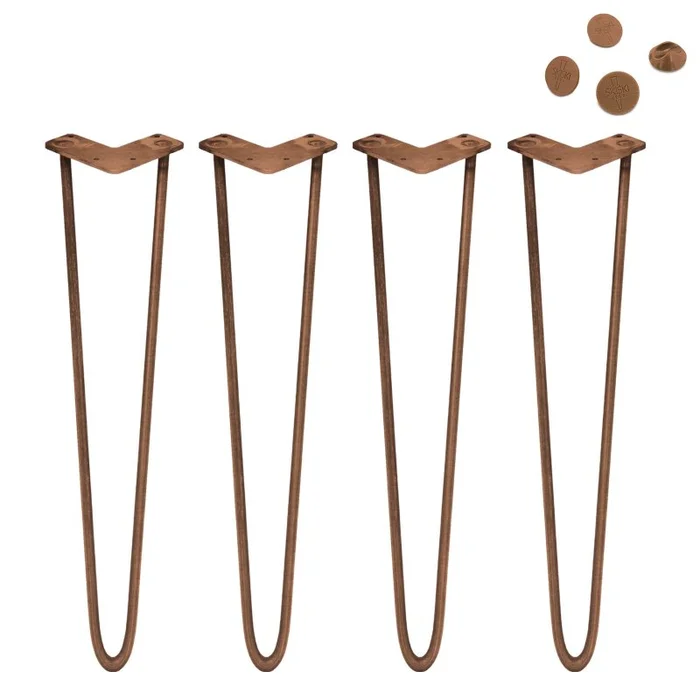 4Pcs Hairpin Table Legs DIY Furniture Industrial Style Heavy-duty Sturdy Welded Metal Steel Upcycle Bench With FREE Screw Pack And Protector Feet Copper 2 Prong Rods 28 Inch Height 12mm Thickness