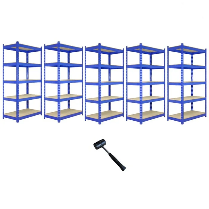 5 x Blue Racking Bay Unit 5 Tier Heavy Duty Steel Metal 200kg capacity Per Shelf Garage Shelves Storage Warehouse Shed Workshop Boltless Shelving 90 x 50 x 180cm Free Rubber Mallet