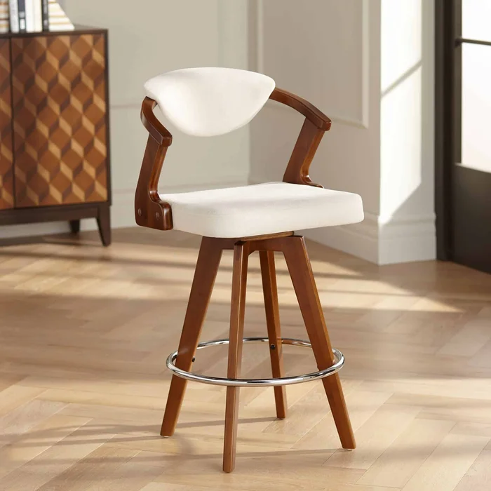 55 Downing Street Rossa 26 1/2″ High Ivory Fabric and Walnut Modern Swivel Counter Stool