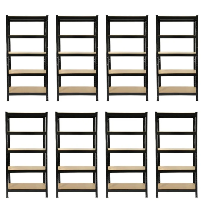 8 x Black Racking Bay Unit 5 Tier Heavy Duty Steel Metal 150kg capacity Per Shelf Garage Shelves Storage Warehouse Shed Workshop Boltless Shelving 75cm x 150cm x 30cm Free Rubber Mallet