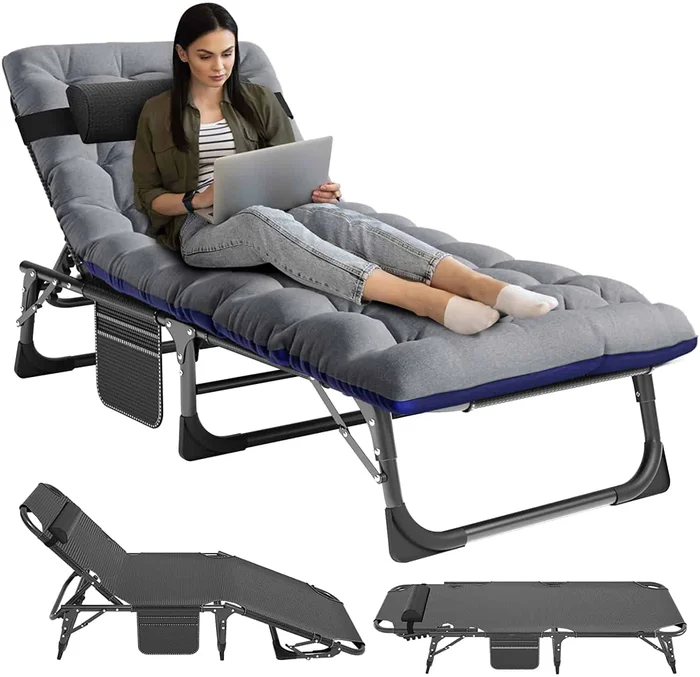 ABORON Camping Cots for Adults, Folding Guest Bed Cot, 4- position Adjustment Folding Chaise Lounge Chair, Folding Bed with 2-Sides Mat & Pillow