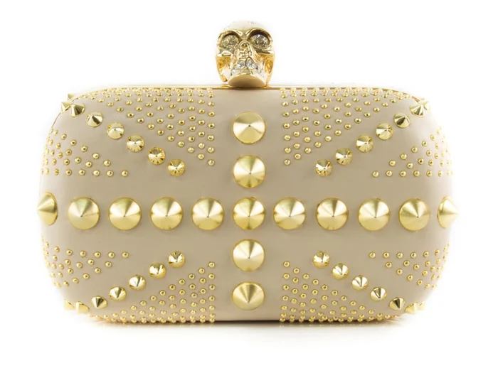 Alexander McQueen Britannia Studded Skull Box Clutch Beige/Gold