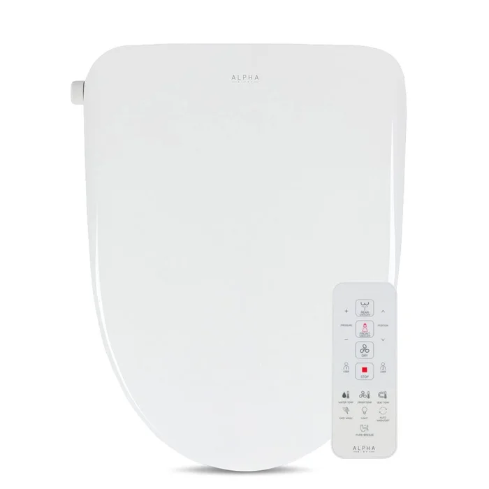 ALPHA BIDET UX Pearl Bidet Toilet Seat in Elongated White, Ultra Low Profile, Endless Warm Water, Arced Stainless Steel Nozzle