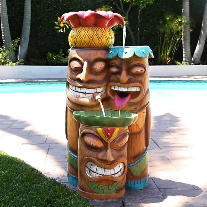 Alpine Outdoor Tiki Head Polyresin Electric Fountain with LED Light, 35 inch Tall