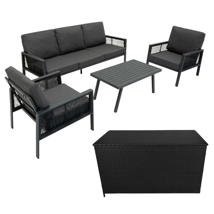 Aluminium 4 Piece Sofa Set with Black Rattan Storage Box – Anthracite Grey