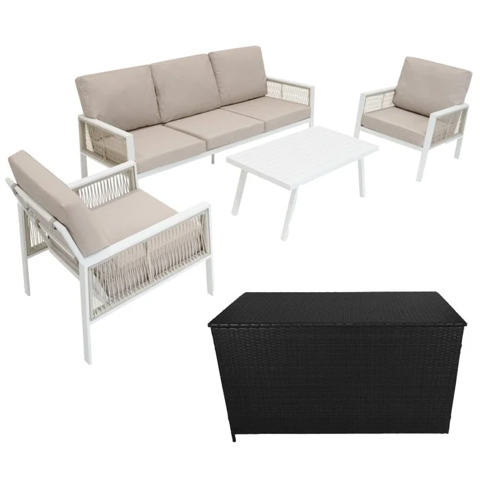 Aluminium 4 Piece Sofa Set with Black Rattan Storage Box – White