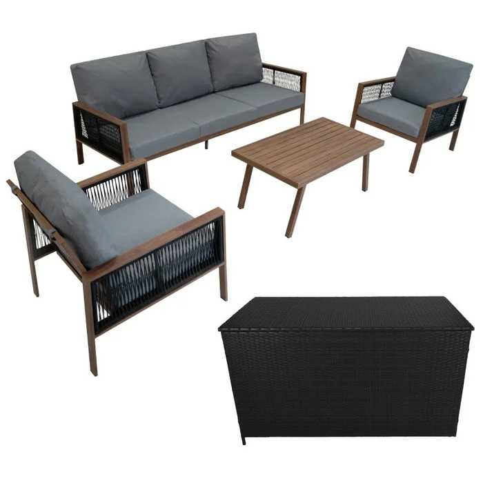 Aluminium 4 Piece Sofa Set with Black Rattan Storage Box – Wood Effect