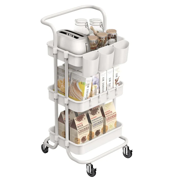 ALVOROG 3-Tier Rolling Utility Cart Storage Shelves Multifunction Storage Trolley Service Cart (White)