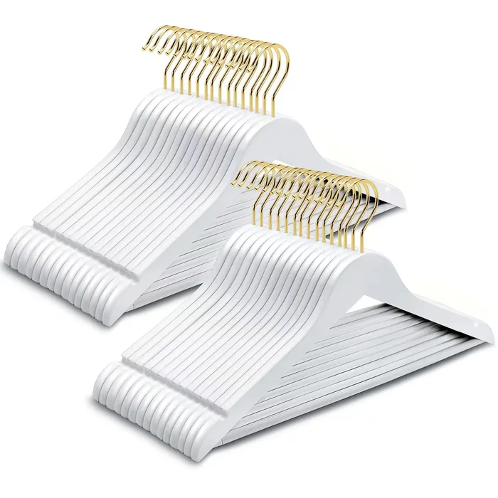 Amber Home 30 Pack Solid Wood Suit Coat Hangers, Smooth White Finish Wooden Dress Hangers with Non Slip Pant Bar (White+Gold, 30)