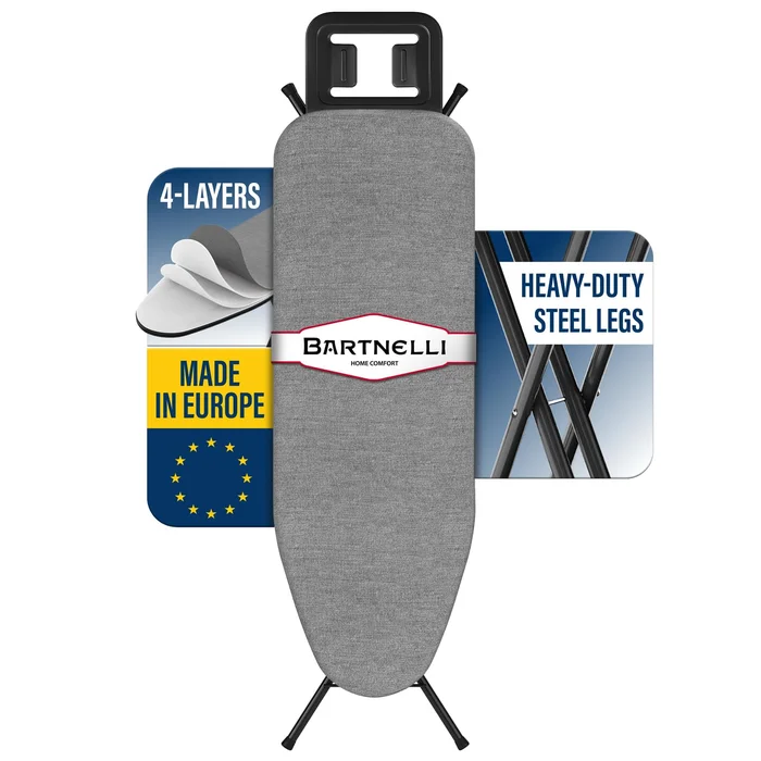 Bartnelli Ironing Board with 4 Layered Cover & Pad, Height Adjustable up to 36″ Features A Safety Iron Rest, 4 Steel Legs (43×14)