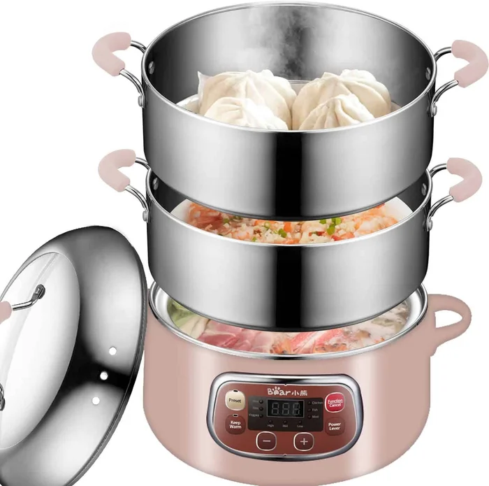 Bear Electric Food Steamer,Stainless Steel Digital Steamer, 3 tier 8L Large Capacity Vegetable Steamer