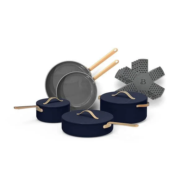 Beautiful 12pc Ceramic Non-Stick Cookware Set, Starry Night by Drew Barrymore, Blue