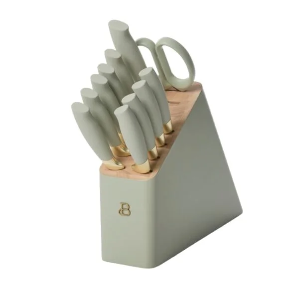 Beautiful 12pc Sage Green Stainless Steel Knife Block Set Soft-Grip Handles by Drew Barrymore