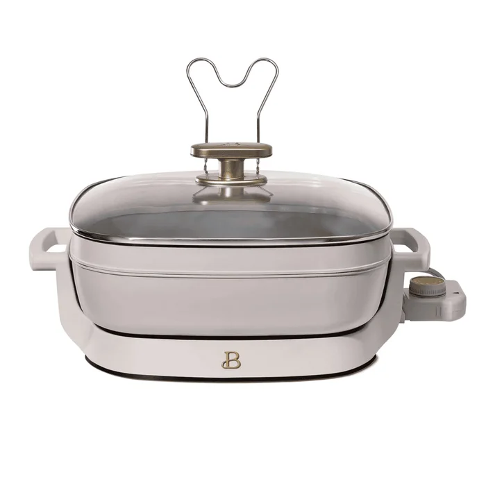 Beautiful 5 in 1 Electric Skillet – Expandable up to 7 Qt with Glass Lid, Porcini Taupe by Drew Barrymore
