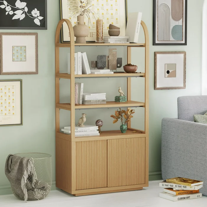 Beautiful Fluted 3-Shelf Bookcase with Storage Cabinet by Drew Barrymore, Adults, Light Honey Wood Finish