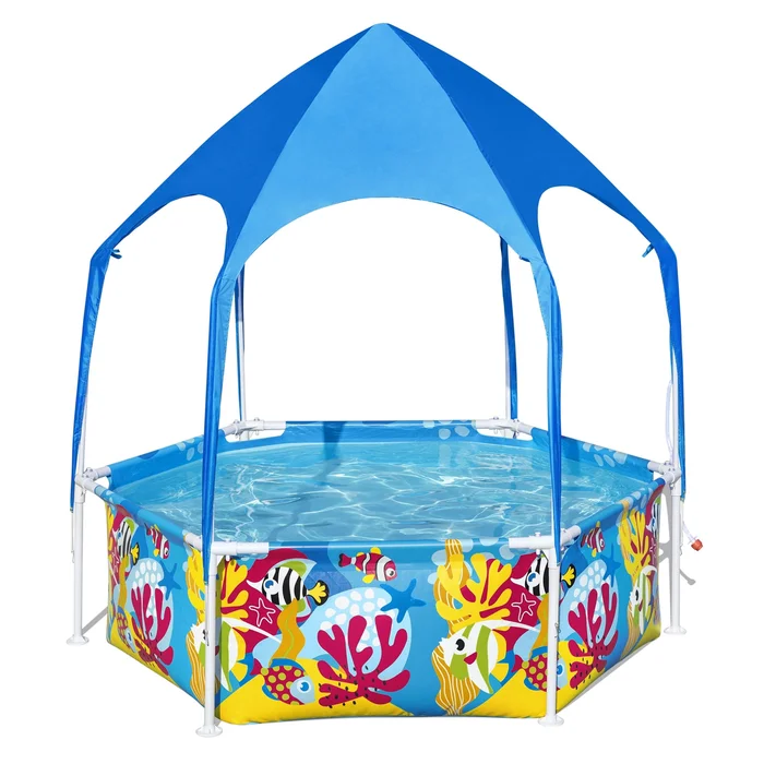 Bestway 6′ x 20″ Above Ground Round Swimming Pool with Shaded Canopy, Sea