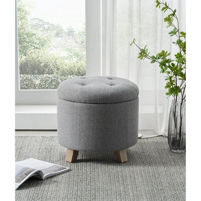 Better Homes & Gardens Round Tufted Storage Ottoman, Gray Faux Linen