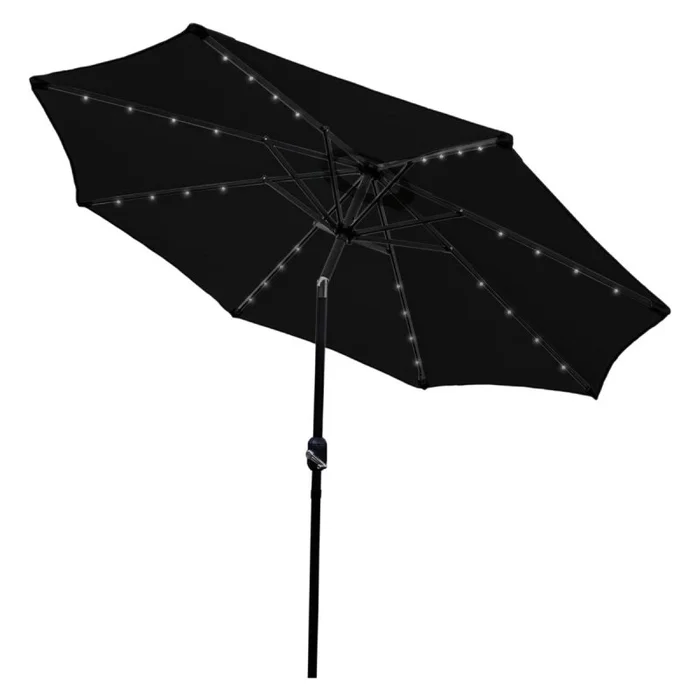 Black 2.4m LED Tilt Parasol Umbrella Garden Sun Shade Canopy Patio Outdoor 360 Rotation UV Protection Winding Crank Adjustable 32 Solar Power Lights Cool White 8 Ribs 5.5kg FREE Waterproof Rain Cover
