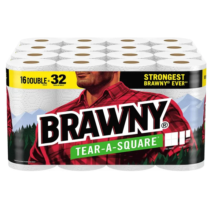 Brawny Tear-A-Square Paper Towels, 16 Double Rolls = 32 Regular Rolls