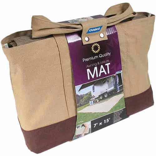 Camco 42811 7′ x 15′ RV Awning and Leisure Mat, Includes Canvas Tote Bag, Brown