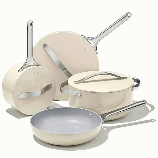 Caraway Nonstick Ceramic Cookware Set (12 Piece) Pots, Pans, 3 Lids and Kitchen Storage – Cream