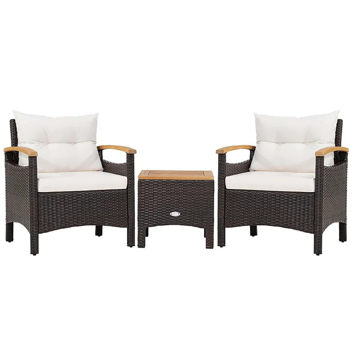 CASAINC Rattan Furniture Set 3-Piece Rattan Patio Conversation Set with Off-white Cushions