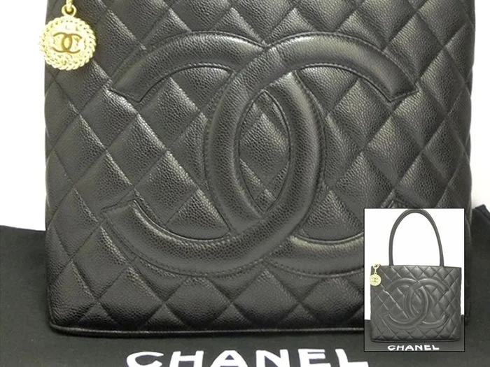 Chanel Black Quilted Caviar Leather Gold Medallion Tote