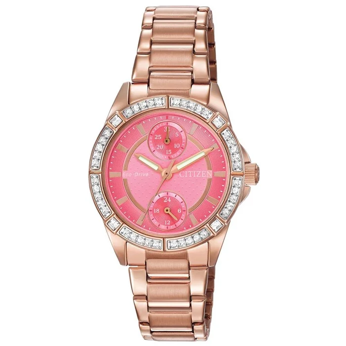 Citizen FD3003-58X Women’s POV Pink Dial Rose Gold Steel Bracelet Swarovski Crystals Watch
