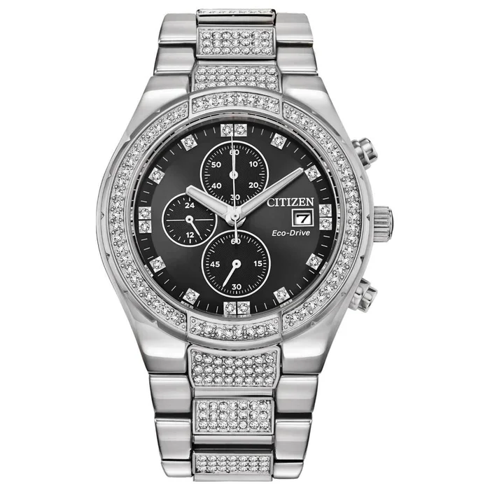 Citizen Men’s Chronograph Watch – Crystal Black Dial Silver Tone Bracelet | CA0750-53E