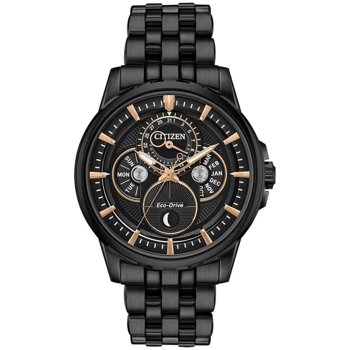 Citizen Men’s Eco Drive Watch – Calendrier Day- Date Black Steel Bracelet | BU0057-54E