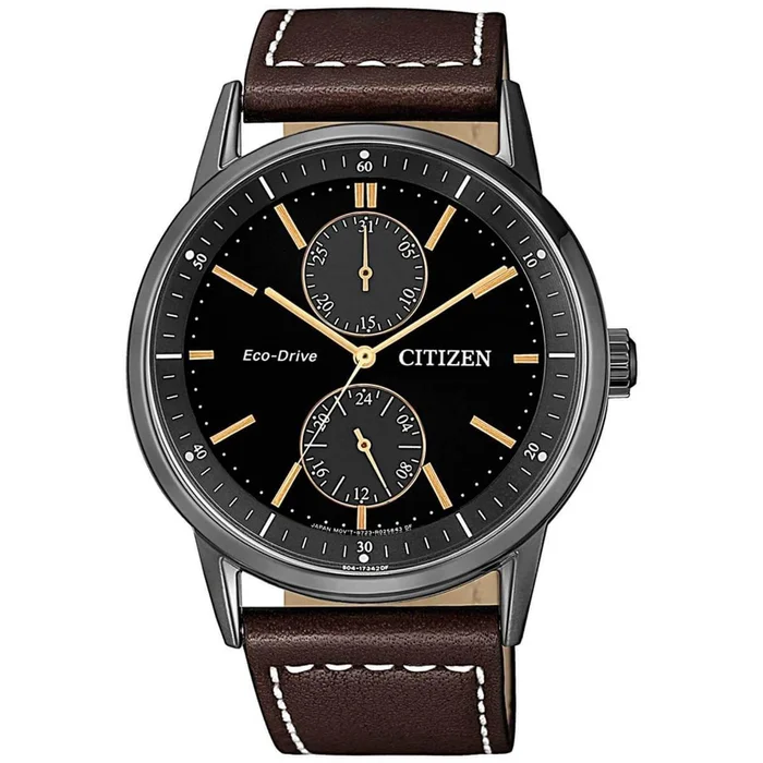 Citizen Men’s Eco-Drive Watch – Chrono Black Dial Brown Leather Strap | BU3027-16E